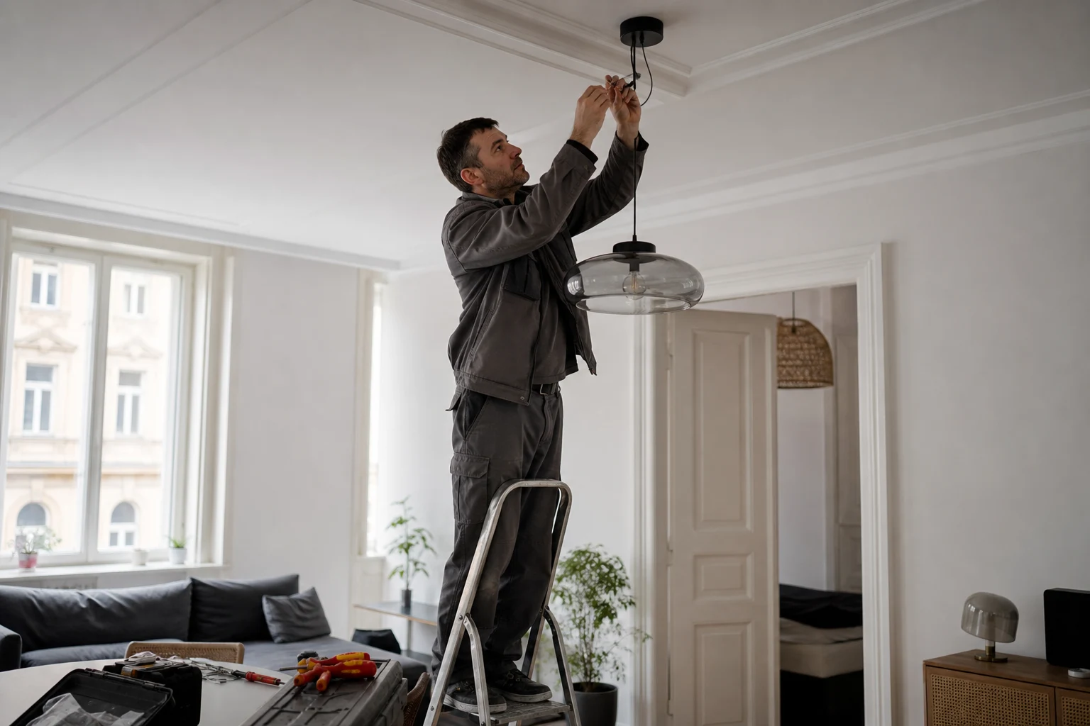 Handwerker Fischamend Elektriker montiert Deckenlampe vor Ort