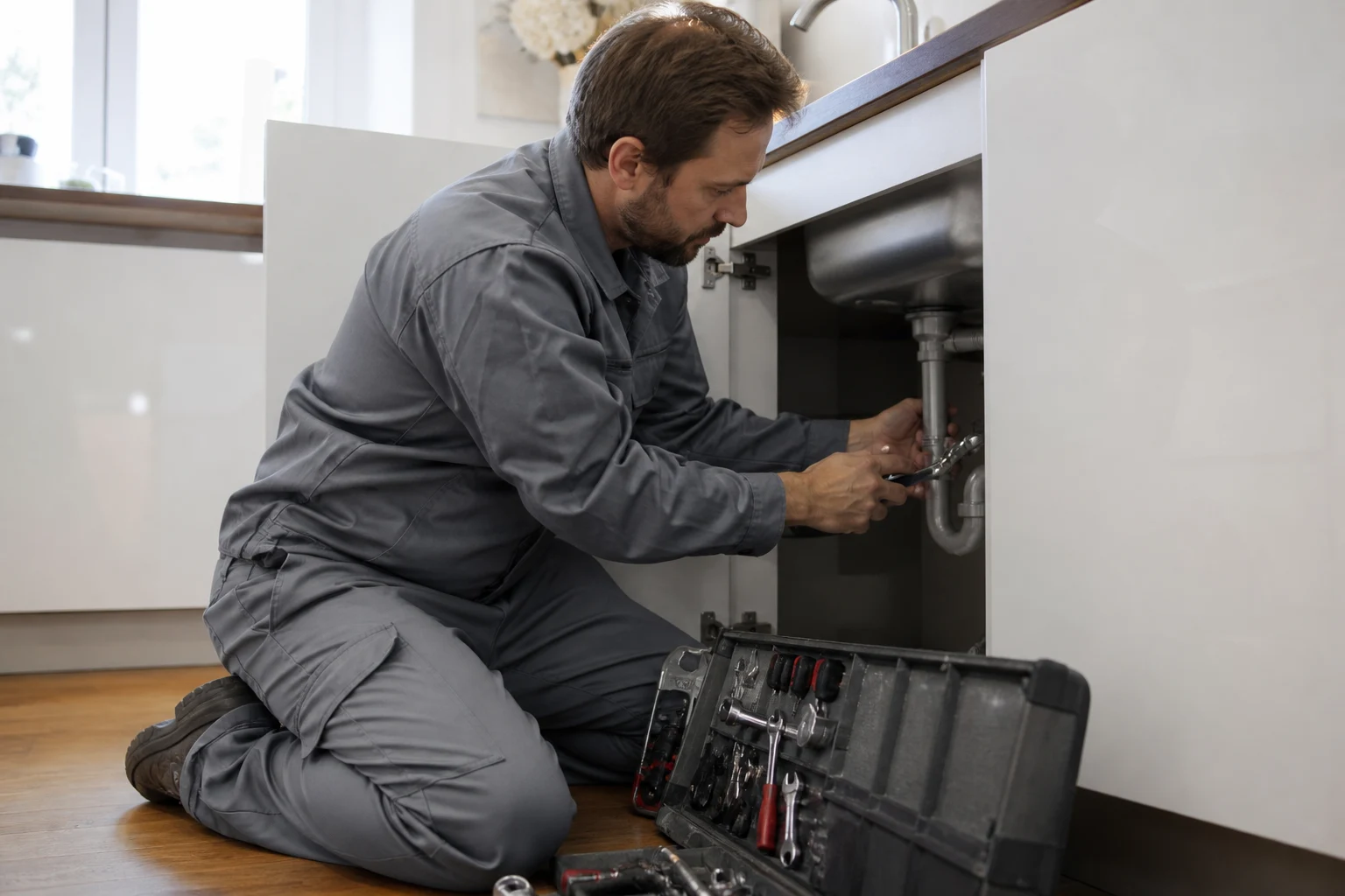 Handwerker Fischamend Klempner repariert Siphon unter der Spüle